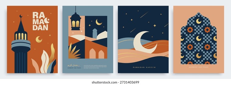 Conjunto de Anuncio de Ramadán Kareem, cartel, tarjeta de felicitación, diseño de la cubierta con mezquita, luna creciente, linterna, patrón de fondo y tipografía en estilo geométrico plano.