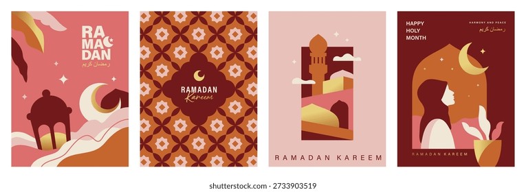 Set of Ramadan Kareem banner, poster, greeting card, cover design with mosque, crescent moon, Muslim women,lantern, pattern background and typography in flat geometric style.