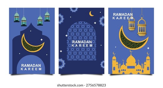 Set of Ramadan Kareem banner, poster, greeting card, cover design with mosque, crescent moon, lanterns
