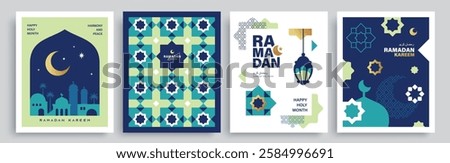 Set of Ramadan Kareem banner, poster, greeting card, cover design with mosque, crescent moon, lantern and typography in flat geometric style.