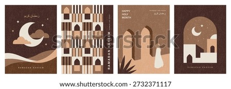 Set of Ramadan Kareem banner, poster, greeting card, cover design with mosque, crescent moon, pattern background and typography in flat geometric style.
