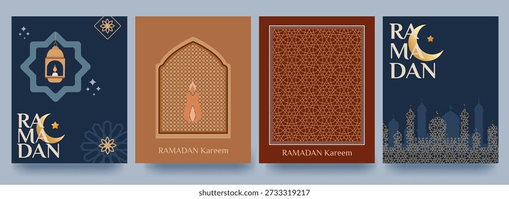 Set of Ramadan Kareem banners, posters, greeting cards, and cover designs featuring traditional patterns, mosques, and crescent moons in flat geometric style. Vector illustration.