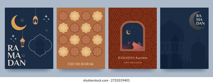 Conjunto de Anuncios de Ramadán Kareem, carteles, tarjetas de felicitación y diseños de portada con patrones tradicionales, mezquitas y lunas crecientes en estilo geométrico plano