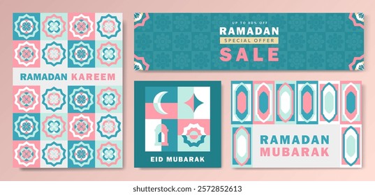 Set of Ramadan Kareem banners in teal, pink, white tones with geometric crescent moon, lantern, mosque arch, Arabic patterns, and bold SALE text in modern flat design style. Eid Mubarak various cards