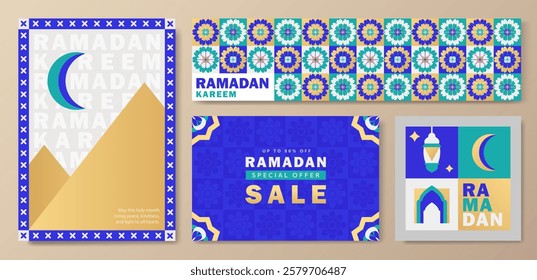 Set of Ramadan Kareem banners in teal, beige, blue, orange with geometric crescent moon, lantern, mosque arch, Arabic patterns, and bold SALE text in modern flat design style. Eid Mubarak cards set