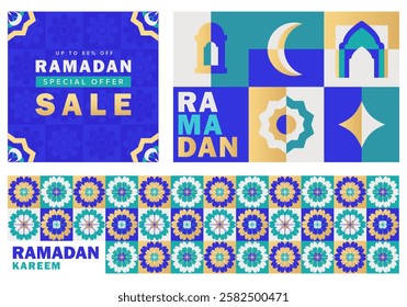 Set of Ramadan Kareem banners in teal, blue, gold, white with geometric crescent moon, lantern, mosque arch, Arabic patterns, and bold SALE text in modern flat design style. Eid Mubarak various cards