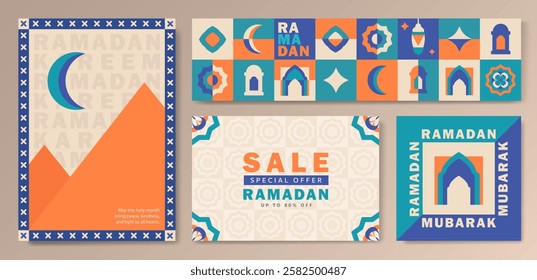 Set of Ramadan Kareem banners in teal, beige, blue, orange with geometric crescent moon, lantern, mosque arch, Arabic patterns, and bold SALE text in modern flat design style. Eid Mubarak cards set