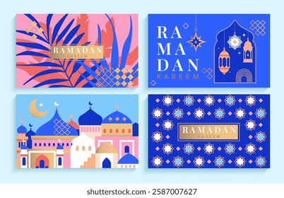 Set Ramadan kareem cards, flyers for holiday. Greeting Ramadan banners with oriental style Islamic windows and arches, patterns, mosque dome, city landscape. Template for design,media,web. Vector