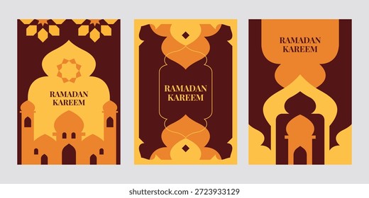 Conjunto de portada de Ramadán Kareem, póster, tarjeta de felicitación con mezquita, luna creciente y Elementos decorativos islámicos en estilo plano geométrico.