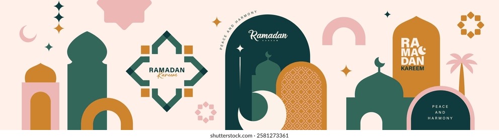 Set of Ramadan Kareem design elements with mosque, crescent moon in flat geometric style.