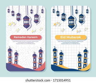 Set of Ramadan Kareem and Eid Mubarak poster design with different pattern background. Flat design of Ramadan Kareem and Eid Mubarak cards,  banner, and invitation. Free Vector Illustration.