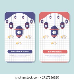 Conjunto de diseños de afiches Ramadan Kareem y Eid Mubarak con fondo de patrón. Diseño plano de tarjetas Ramadan Kareem y Eid Mubarak, banner, e invitación. Ilustración vectorial gratuita.
