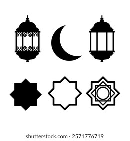 Set of Ramadan Kareem or Eid Mubarak Islamic icon with lantern, lamp, cressent moon vector illustration. Isolated on white background.