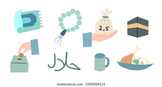 Set of Ramadan Kareem, Eid Mubarak, Happy Iftar, Eid al Adha, and Eid al Fitr flat element. Islamic hand drawn icon sign for Web and App, Graphic Design. Vector illustration