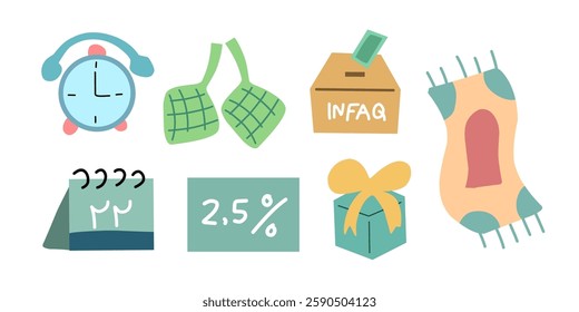 Set of Ramadan Kareem, Eid Mubarak, Happy Iftar, Eid al Adha, and Eid al Fitr flat element. Islamic hand drawn icon sign for Web and App, Graphic Design. Vector illustration
