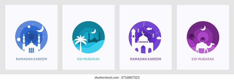 Conjunto de ramadán kareem y eid mubarak gretings diseño en estilo de corte de papel simple sin sombra. Diseño minimalista y moderno para eventos islámicos.
