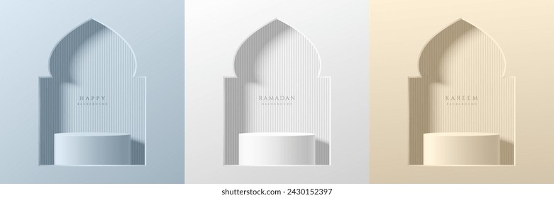 Set von Ramadan Kareem Festival 3D Podium Hintergrund in Moschee Fenster Form. Cremefarben, weiß und blau. Islamische Grußkarte Vorlage mit Eid al Adha Mubarak für Tapete, Poster, Medienbanner.