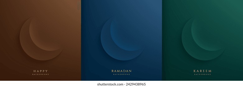 Set von Ramadan Kareem Festival Hintergrund mit Mond im Neumorphismus Stil auf braun, dunkelblau, grün. Islamische Grußkarte Vorlage mit Eid al Adha Mubarak für Tapete, Poster, Medienbanner, Karte.