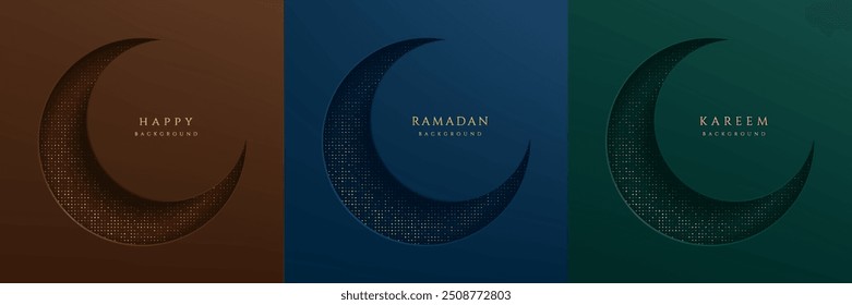 Set of Ramadan Kareem festival background, Moon in paper cut style on brown, dark blue, green with golden glitter. Islamic greeting card template with Eid al Adha Mubarak for Poster, Social banner.