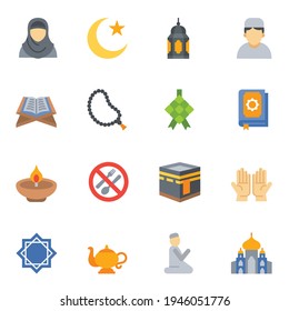 Set of Ramadan Kareem flat icons Isolated on White Background.