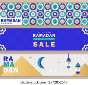 Set of Ramadan Kareem geometric panoramic banners with a crescent moon, Arabic lanterns, golden dunes, Islamic pattern, SALE promo text. Eid Mubarak trendy headers with bold typography