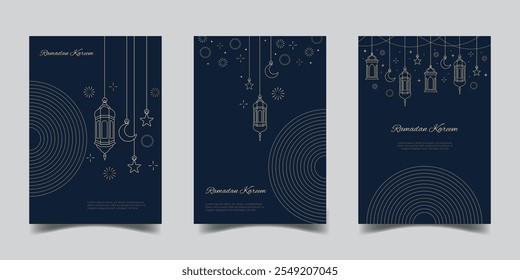 Conjunto de cartão de saudação ramadan kareem ou design de capa isolado no fundo verde.islâmico ornamento lua e lanterna linha arte ilustração