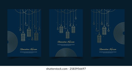  Set of ramadan kareem greeting card or cover design isolated on blue background.islamic ornament lantern and crescent moon hanging line art illustration