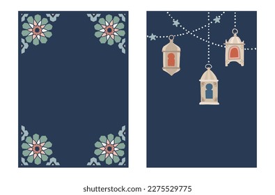 Set of Ramadan Kareem greeting cards, invitations. Hand drawn hanging lanterns and light garlands. Traditional geometric Moroccan star pattern, mosaic decor. Eid el Fitr. Festive web banners.