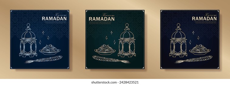 Set of Ramadan Kareem greeting cards with hand drawn linear golden and silver Arabic lantern, Muslim rosary praying beads and dates as a dish for Iftar. Dark green and blue posters for Eid Mubarak