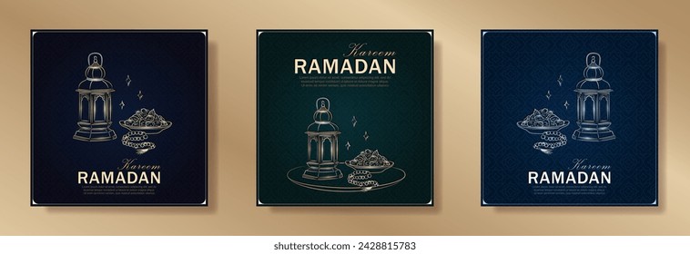 Conjunto de tarjetas de felicitación de Ramadán Kareem con linterna árabe lineal de oro y plata dibujada a mano, cuentas de rezo de rosario musulmán y fechas como plato para Iftar. Afiches verde oscuro y azul para Eid Mubarak