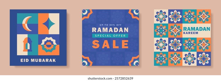 Set of Ramadan Kareem greeting cards in teal, blue, orange, beige with geometric crescent moon, lantern, mosque arch, Islamic pattern, and SALE text in modern flat design style. Eid Mubarak posters