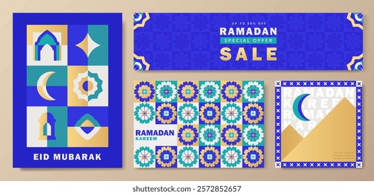 Set of Ramadan Kareem greeting cards in flat geometric style with crescent moon, lantern, mosque arches, ornamental patterns, and SALE text. Eid Mubarak modern banners in vivid blue, teal, gold, white