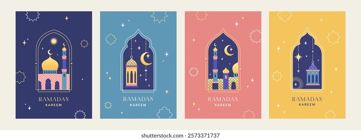 Set of Ramadan Kareem greeting cards, posters, holiday cover set. Modern geometric design in trendy minimalist style. Islamic arches and windows, moon, mosque, lanterns. Vector illustration.