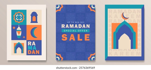 Set of Ramadan Kareem greeting cards in teal, blue, orange, beige with geometric crescent moon, lantern, mosque arch, Islamic pattern, and SALE text in modern flat design style. Eid Mubarak posters