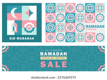 Set of Ramadan Kareem greeting cards in flat geometric style with crescent moon, lantern, mosque arches, ornamental patterns, and SALE text. Eid Mubarak modern banners in pink, turquoise, white, gold