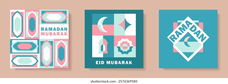 Set of Ramadan Kareem greeting cards in flat geometric style with crescent moon, lantern, mosque arches, ornamental patterns, and bold text. Eid Mubarak modern banners in pink, turquoise, white colors