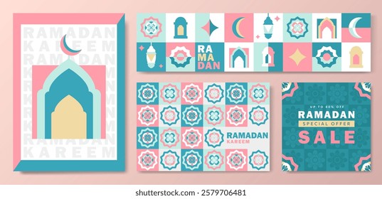 Set of Ramadan Kareem greeting cards in flat geometric style with crescent moon, lantern, mosque arches, ornamental patterns, and SALE text. Eid Mubarak modern banners in pink, turquoise, white, gold