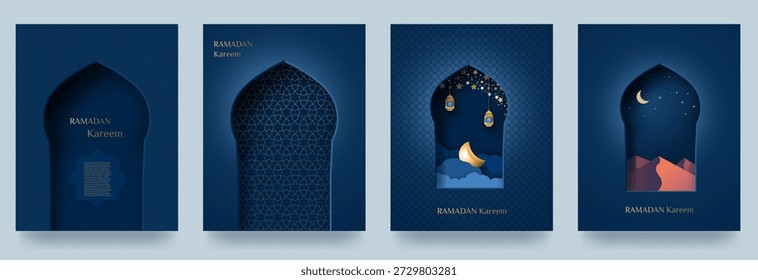 A set of Ramadan Kareem greeting cards. A pattern with cut-out Arabic windows in Islamic style, traditional gradient design. Suitable for greeting cards, banners, and advertising. Vector