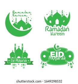 Set of Ramadan Kareem greeting with mosque and lettering in green color. Vector symbols illustration.