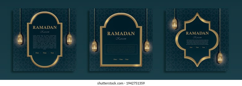 set of ramadan kareem greeting text background design with islamic ornament and lantern in luxury color blue and gold. good for greeting card, social media post,banner,wallpapper. etc