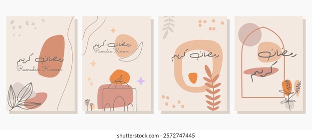 Set of Ramadan Kareem greetings with arabic calligraphy in boho style and florals element. Minimalist Islamic design for background, greeting card, cover, print, etc. Vector illustration