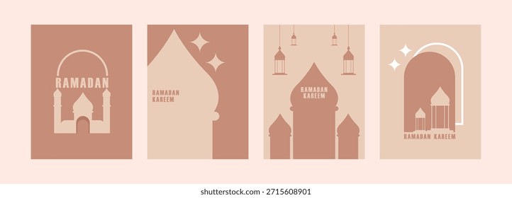 Set of Ramadan Kareem, Ramadan holiday template design with mosque, star, lantern, and crescent moon shape elements, suitable for greeting cards, posters, banners, covers