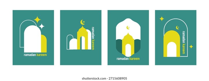 Conjunto de Ramadan Kareem, diseño de Plantilla de vacaciones de Ramadán con Elementos de forma de mezquita, estrella, linterna y luna creciente, adecuado para tarjetas de felicitación, carteles, Anuncios, cubiertas