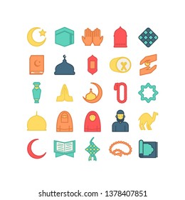 Set of Ramadan Kareem Icons Isolated on White Background. Vector Illustration. Quran Book, Traditional Lanterns, Crescent with Star, Mosque and Rosary, Kaaba.