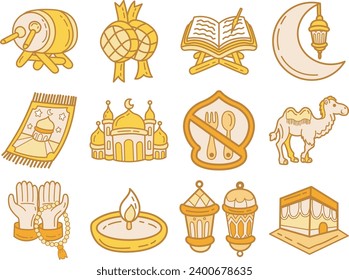 Set of Ramadan Kareem Icons Isolated on White Background. Vector Illustration. Camel, drum, mosque, prayer, fasting, mosque, ketupat, prophet, lantern, kabah, rosary, hands, moon, etc. Icon vector.