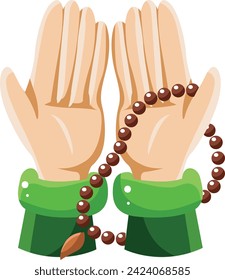 Set of Ramadan Kareem Icons Isolated on White Background. Prayer of Moslem man hands with rosary vector. Vector Illustration.