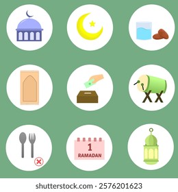 set of ramadan kareem icons on white circle. mosque, crescent moon, iftar with dates fruit, prayer rug, bedug drum, ramadan lantern, no eating sign and more