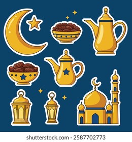 Set of Ramadan Kareem Iftar Stickers Pro Vector Doodle