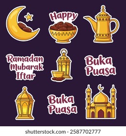 Set of Ramadan Kareem Iftar Stickers Pro Vector Doodle