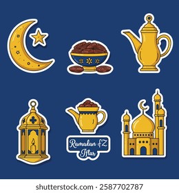 Set of Ramadan Kareem Iftar Stickers Pro Vector Doodle
